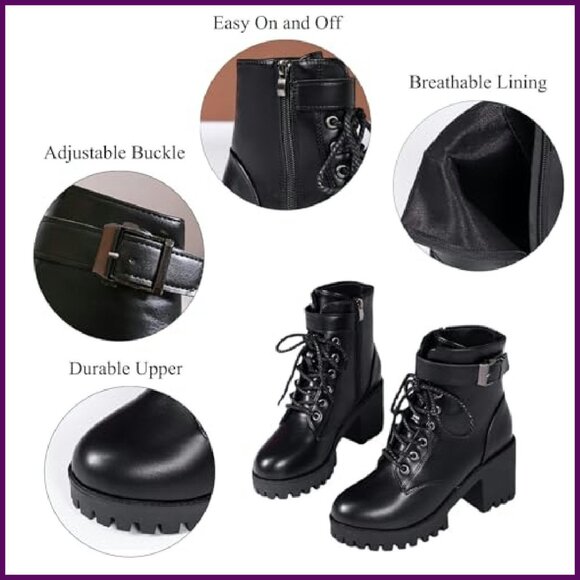 Chunky Heel Combat Boots with Side Zipper, Non-Slip Lug Sole, Buckle Strap - Picture 4 of 7